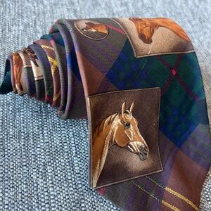 Vintage Polo Ralph Lauren 100% Silk Tie Tartan Plaid Portrait Dog Horse Fox